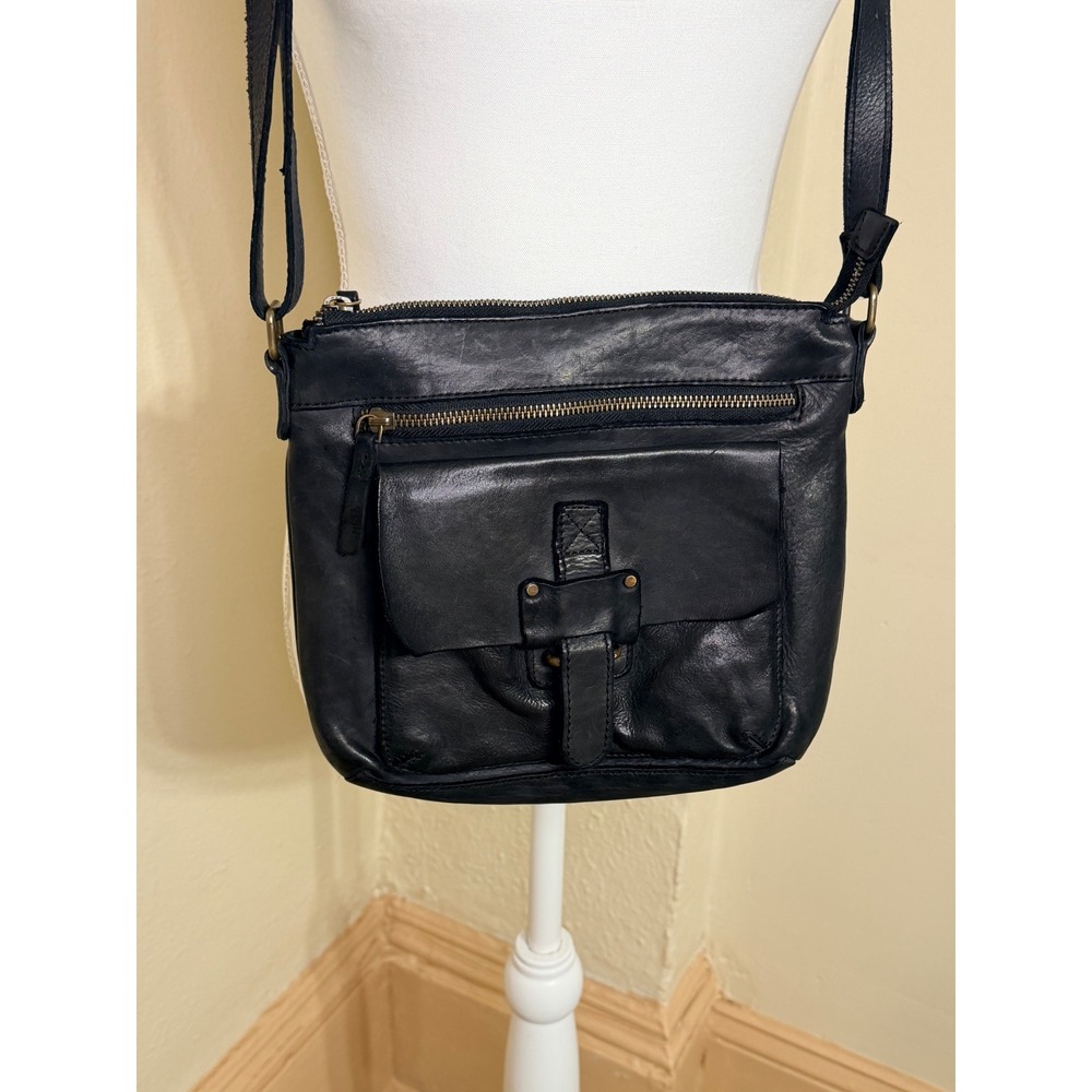 Harbour 2nd Black Leather Crossbody Bag Anchor Logo Vintage Style Zip Pockets
